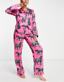 Chelsea Peers premium satin panther print button top and pants pajama set in pink at ASOS