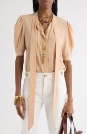 Chloé Tie Neck Short Sleeve Silk Crêpe de Chine Button-Up Shirt at Nordstrom