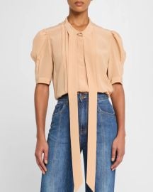 Chloe Neck-Tie Pleated Puff-Sleeve Silk Top at Neiman Marcus