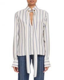 Chloe Tie-Neck Keyhole-Front Long-Sleeve Striped Silk Blouse at Neiman Marcus