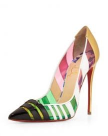 Christian Louboutin Front Double Multicolor PVC and Leather Red Sole Pump GreenPinkMulti at Neiman Marcus