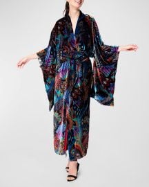 Christine Lingerie Erte Feather-Print Kimono-Sleeve Velvet Robe at Neiman Marcus