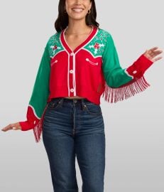 Christmas Cowgirl Cropped Cardigan Sweater Women39s Christmas Outfits Tipsy Elves at Tipsy Elves