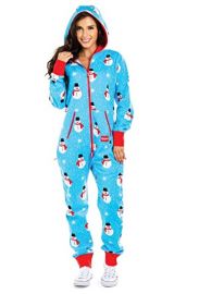 Christmas Onesie - Blue Chilly Snowman Holiday Cozy Adult Jumpsuit by Tipsy Elves at Amazon