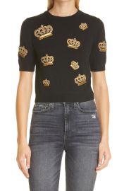 Ciara Crown Embellished Wool Short Sleeve Sweater at Nordstrom