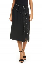 Cinq    Sept Tess Grommet Double Belt Crepe Midi Skirt   Nordstrom at Nordstrom