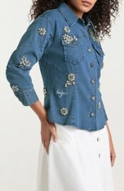 Cinq à Sept Flower Crystal Stretch Denim Shirt at Nordstrom