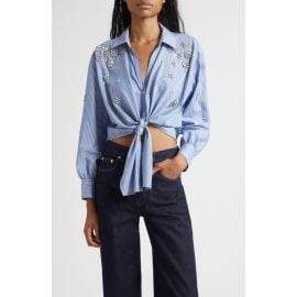 Cinq à Sept Lola Stripe Rhinestone Embellished Tie Front Button-Up Shirt at Nordstrom