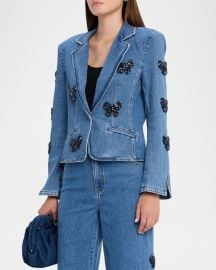 Cinq A Sept Khloe Denim Rhinestone Bow Blazer at Neiman Marcus