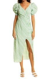 Cinq Sept Gia Plaid Puff Sleeve Midi Dress in Hemp/White Size 8 at Nordstrom