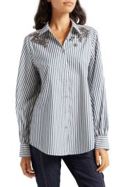 Cinq Sept Kandice Stripe Embellished Cotton Button-Up Shirt at Nordstrom