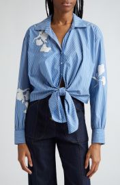 Cinq Sept Lya Beaded Floral Stripe Cotton Blend Shirt at Nordstrom