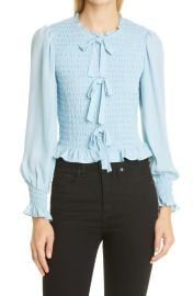 Cinq a Sept Alessia Smocked Stretch Cotton Blend Blouse in Powder Blue  at Nordstrom