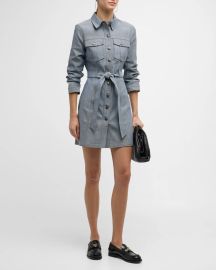 Cinq a Sept Clea Belted Scrunched-Sleeve Denim Mini Dress at Neiman Marcus