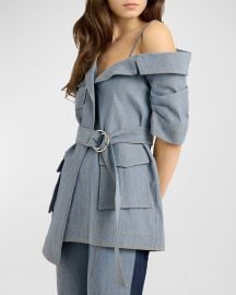 Cinq a Sept Katie One-Shoulder Belted Denim Jacket at Neiman Marcus