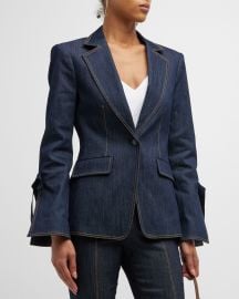 Cinq a Sept Lou Tie-Cuff Topstitched Denim Blazer at Neiman Marcus