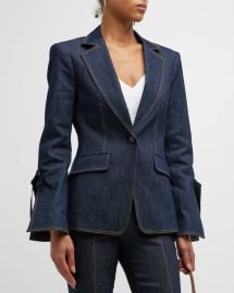 Cinq a Sept Lou Tie-Cuff Topstitched Denim Blazer Neiman Marcus at Neiman Marcus