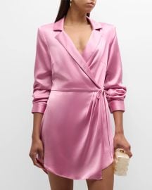 Cinq a Sept Sabina Scrunched Sleeve Satin Mini Wrap Dress at Neiman Marcus