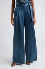 Cinq a Sept Shauna Belted Satin Wide Leg Pants in Onyx at Nordstrom