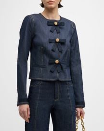 Cinq a Sept Taya Bow-Embellished Topstitched Denim Crop Jacket at Neiman Marcus