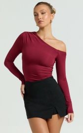 Clarence Top - Long Sleeve Off Shoulder Gathered Top in Burgundy Showpo USA at Showpo