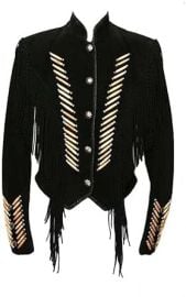 Classyak Western Style Cowgirl Suede Leather Jacket buttoned coat fringed & bones at Amazon