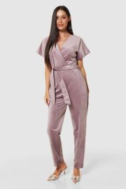 Closet London Blush Pink Velvet Wrap Straight Leg Jumpsuit at Closet London