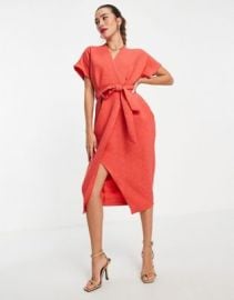 Closet London wrap tie midi dress in red at ASOS