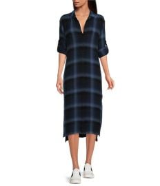 Cloth amp Stone Plaid Print Button Down Collar Short Roll-Tab Sleeve Side Slit High-Low Midi Shirt Dress Dillardx27s at Dillards