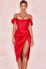 Clothing  Bodycon Dresses  039Loretta039 Red Satin Off Shoulder Dress at House of CB