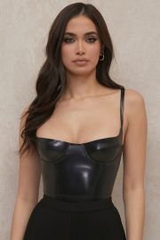 Clothing Bodysuits 039Tia039 Black Latex Bustier Bodysuit at House of CB