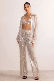 Club L Champagne Sequin High Waist Wide Leg Pants at Club L