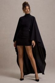 Club L London Black High Neck Mini Dress With Asymmetric Cape at Club L London