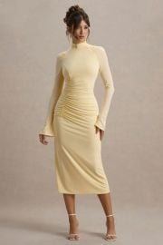 Club L London Cassandra Pale Lemon High Neck Long Sleeve Midi Dress at Club L London