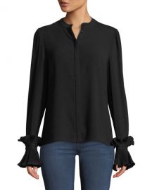 Co Button-Front Plisse Pleated Cuff Crepe Blouse at Neiman Marcus