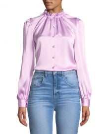 Co Cinched-Neck Long-Sleeve Satin Blouse at Neiman Marcus