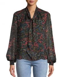 Co Long-Sleeve Tie-Neck Floral-Print Silk Chiffon Blouse at Neiman Marcus