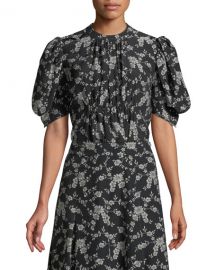 Co Short Balloon Sleeve Floral-Print Gabardine Blouse at Neiman Marcus