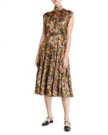 Co Sleeveless Mock-Neck Floral Silk Dress at Neiman Marcus