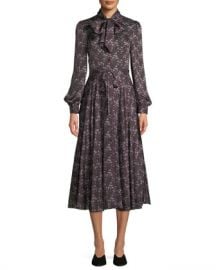 Co Tie-Collar Long-Sleeve Silk Midi Dress at Neiman Marcus