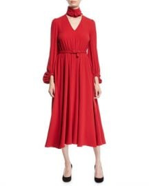 Co Tie-Neck Long-Sleeve Belted Japanese Crepe Midi Dress at Neiman Marcus