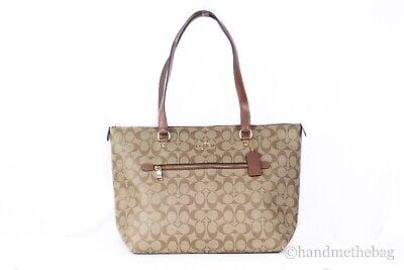 Coach F79609 Signature Coated Canvas Leather KhakiSaddle Gallery Tote Handbag 193971357416 eBay at eBay