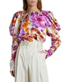 Coal Puff-Sleeve Floral Satin Top at Neiman Marcus