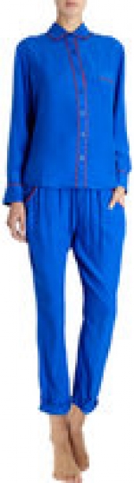 Cobalt blue silk pajamas with red trim at Barneys