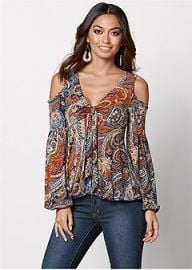 Cold-Shoulder Paisley Top in Orange Multi  VENUS at Venus