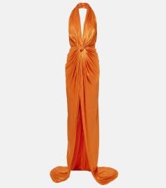 Colette gathered halterneck silk gown in orange - Costarellos at Mytheresa