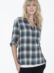 Collarless plaid shirt at James Perse