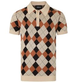 Collectif Argyle Pattern 3 Button Knit Polo Cream 3XL Adaptor Clothing at Adaptor Clothing