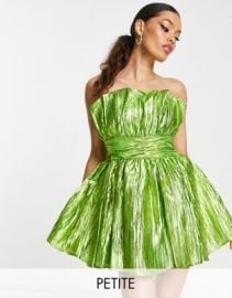 Collective the Label Petite exclusive bandeau ruched waist mini dress in metallic lime green at ASOS