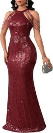 Cololura Women Sequin Halter Tassel Mermaid Formal Maxi Dress Evening Gown at Amazon
